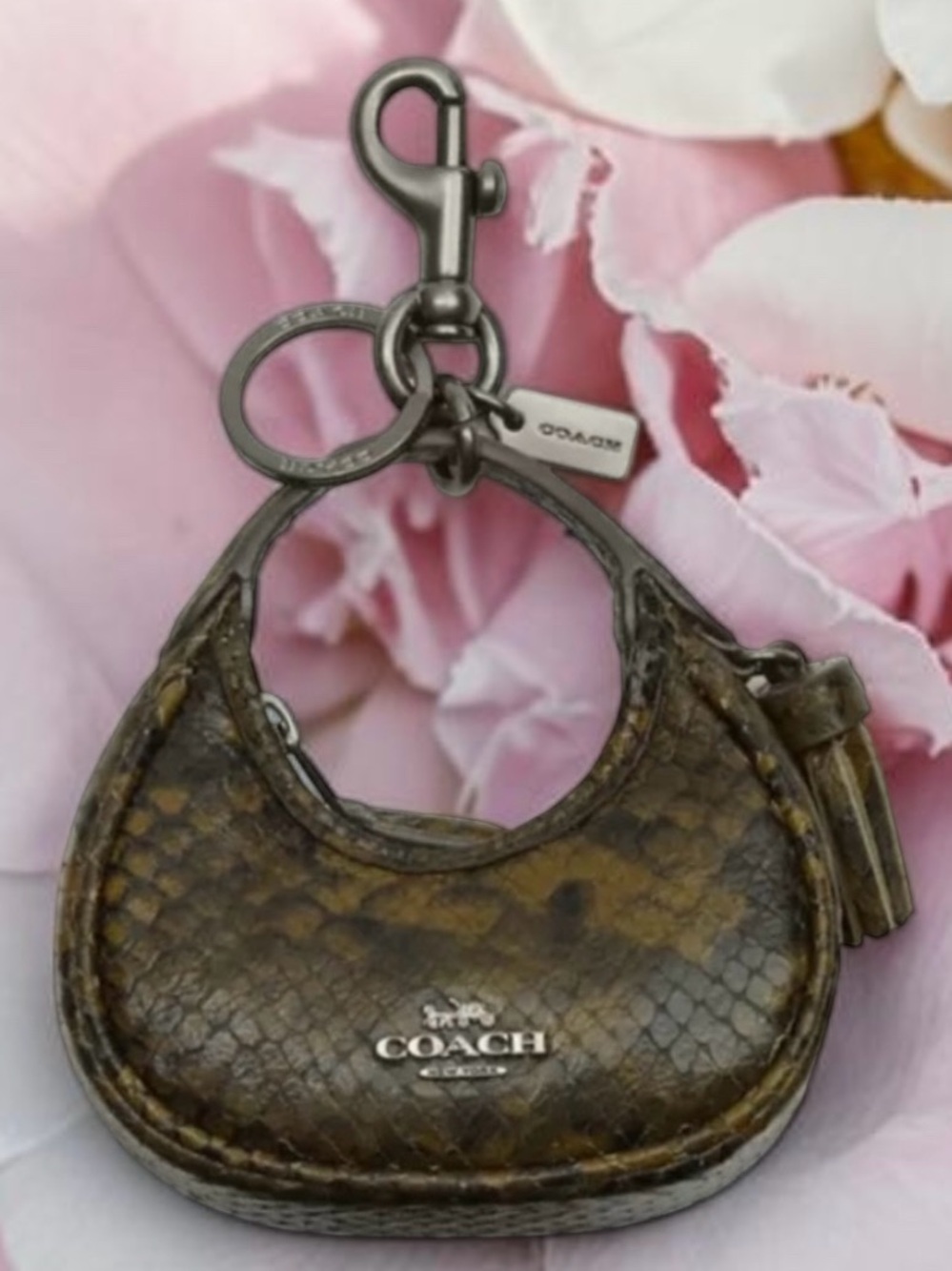 Coach, Carmen snake skin mini bag charm key ring keychain with tassel NWT - Picture 9 of 11